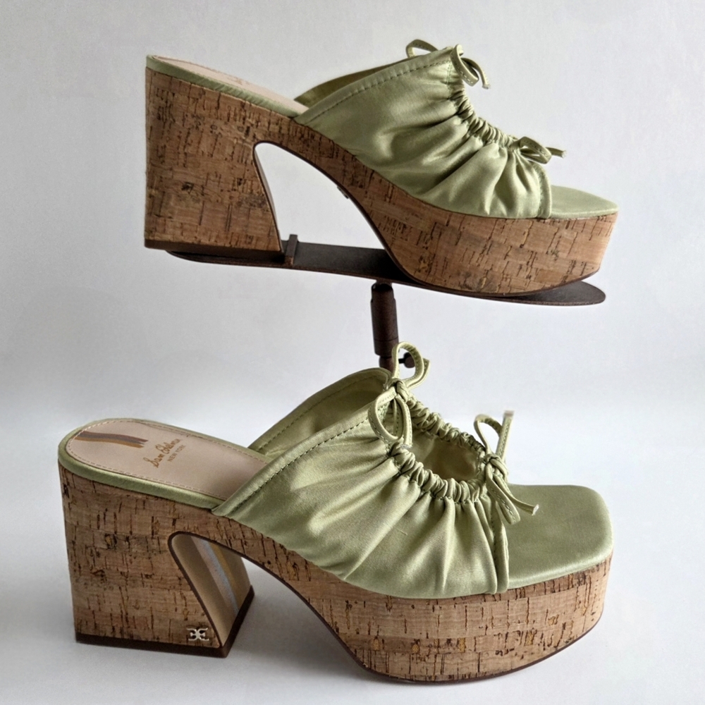 Sam Edelman Cork Platform Slip-On Sandals, Green Satin & Cork, EUC Size 9 - Picture 2 of 16